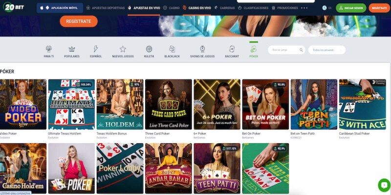 Captura de pantalla la página casino poker de 20Bet