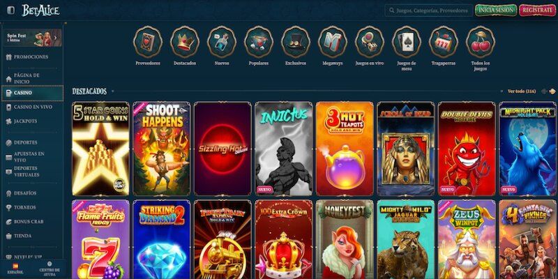 Captura de pantalla de la página casino de BetAlice