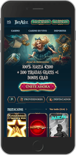 Captura de pantalla móvil de la página principal de BetAlice