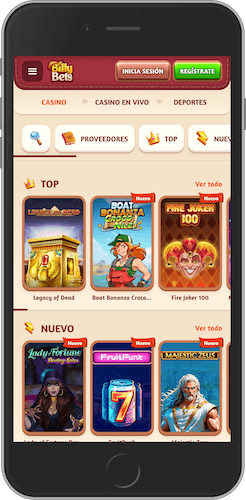 Captura de pantalla móvil de la página principal de BillyBets