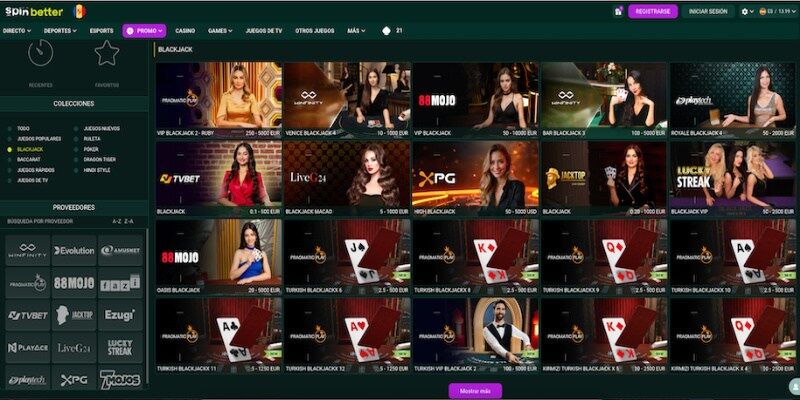 Captura de pantalla de la página casino blackjack de Spinbetter