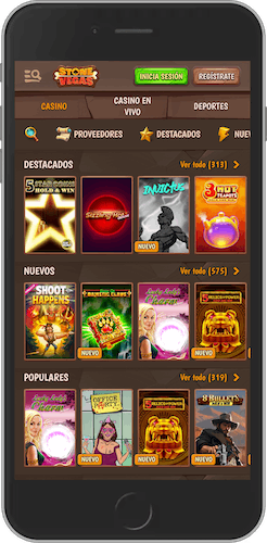 Captura de pantalla móvil de la página principal de Stonevegas