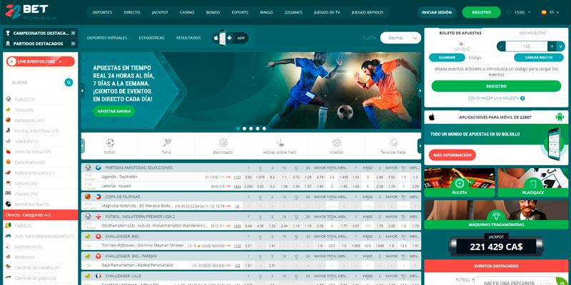 Captura de pantalla de la página de deportes de 22bet