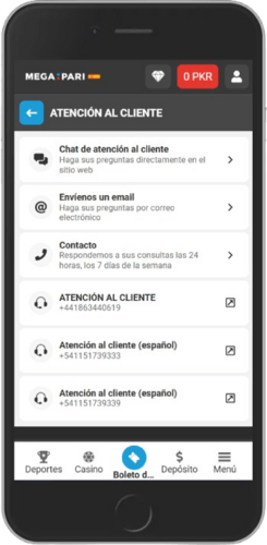 Captura de pantalla de las opciones de soporte de Megapari
