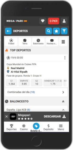 Captura de pantalla móvil de la página de deportes de Megapari