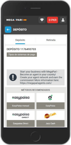 Captura de pantalla de las opciones de pago de Megapari