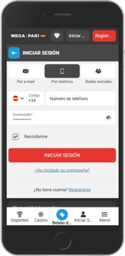 Captura de pantalla de inicio de sesión móvil de Megapari