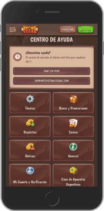 Captura de pantalla móvil de la página de soporte de StoneVegas