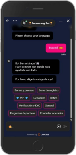 Captura de pantalla de las opciones de soporte de Boomerang-bet