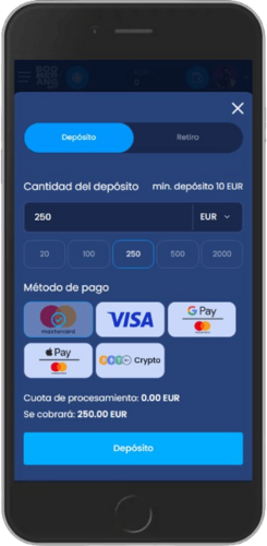 Captura de pantalla de las opciones de pago de Boomerang-bet