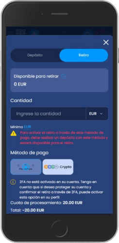 Captura de pantalla de las opciones de pago de Boomerang-bet