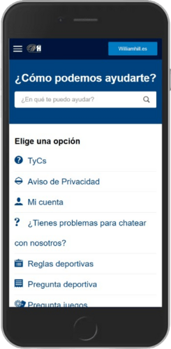 Captura de pantalla de las opciones de soporte de William Hill