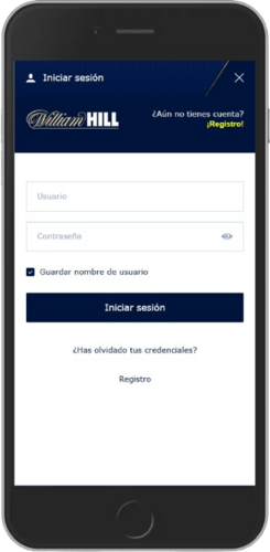Captura de pantalla de inicio de sesión móvil de William Hill
