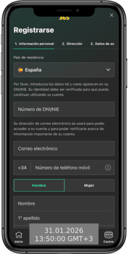 Captura de pantalla móvil de la página de registro de la casa de apuestas bet365