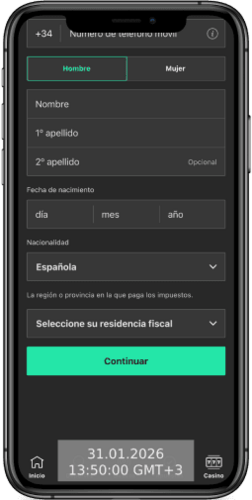 Captura de pantalla móvil de la página de registro de la casa de apuestas bet365
