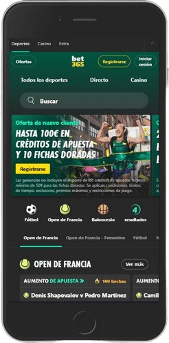 Captura de pantalla móvil de la página principal de la casa de apuestas bet365