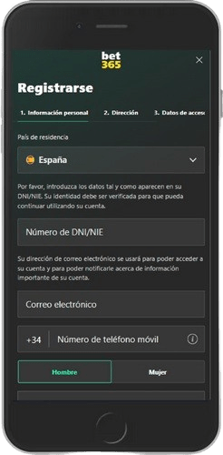 Captura de pantalla móvil de la página de registro de la casa de apuestas bet365