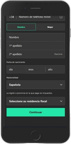 Captura de pantalla móvil de la página de registro de la casa de apuestas bet365