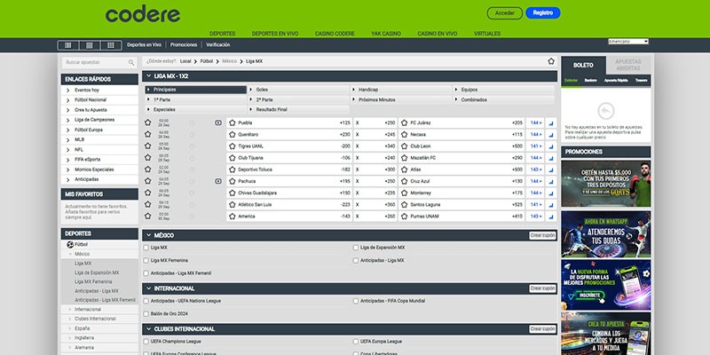 Captura de pantalla de la página de apuestas de fútbol de Codere