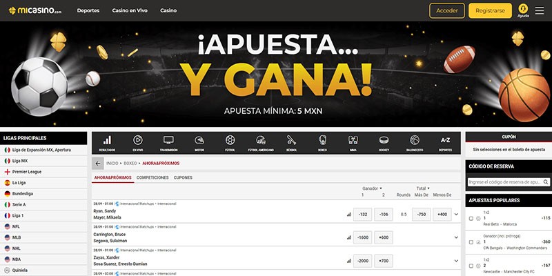 Captura de pantalla de la página de apuestas de boxeo de Micasino