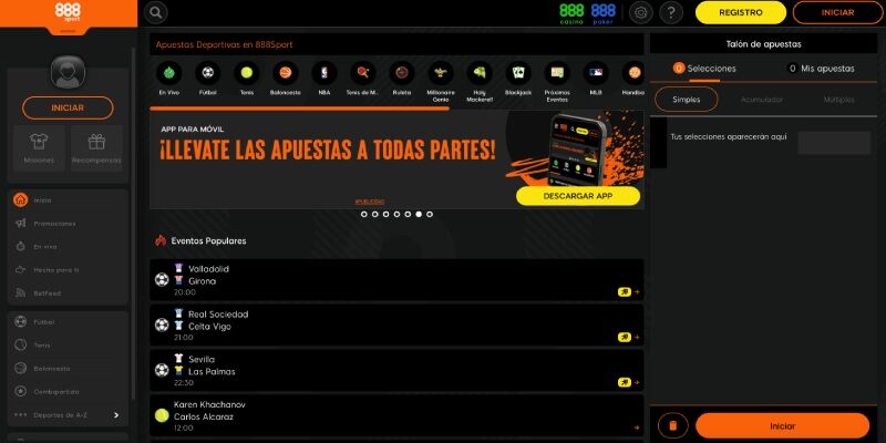 Pantalla de la página principal de 888sport