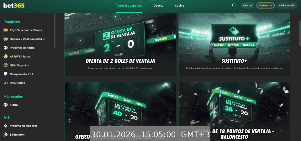 Captura de pantalla de la página de bonos de bet365