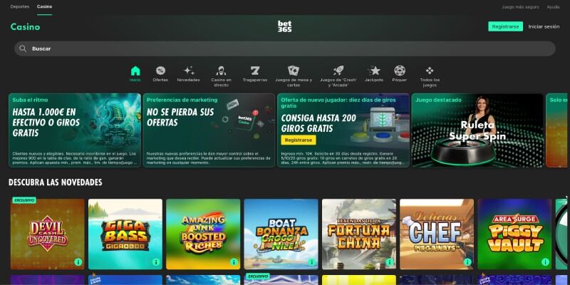 Pantalla de la página del casino bet365