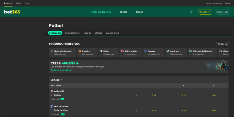 Pantalla de la página principal de Bet365