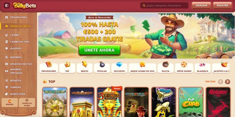 Pantalla de la página principal de BillyBets