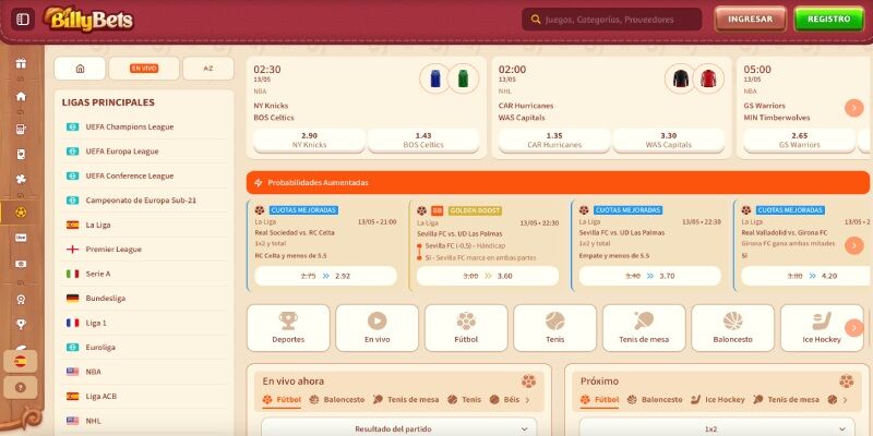 Pantalla de la página principal de BillyBets