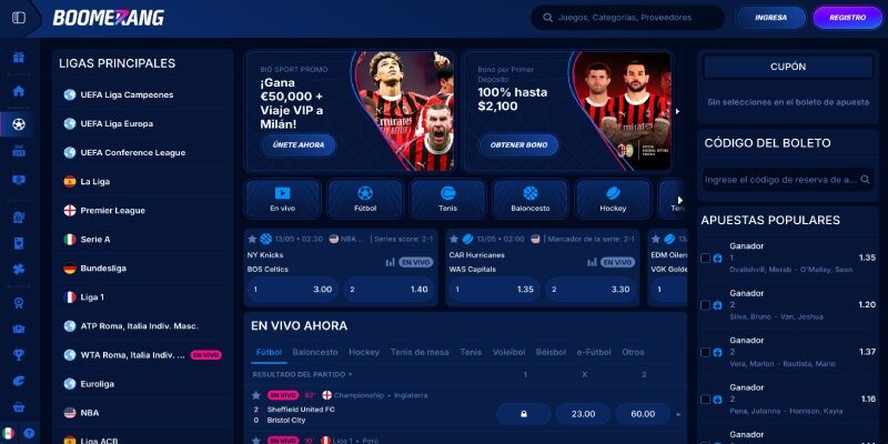 Pantalla de la página principal de Boomerang-bet