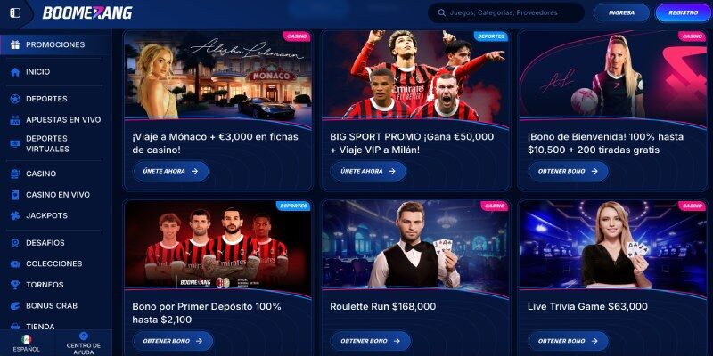 Captura de pantalla de la página promocional - Boomerang Bet