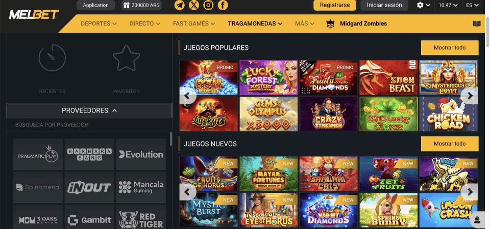 Captura de pantalla de la página del casino Melbet