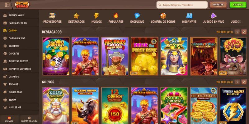 Pantalla de la página del casino Stonevegas