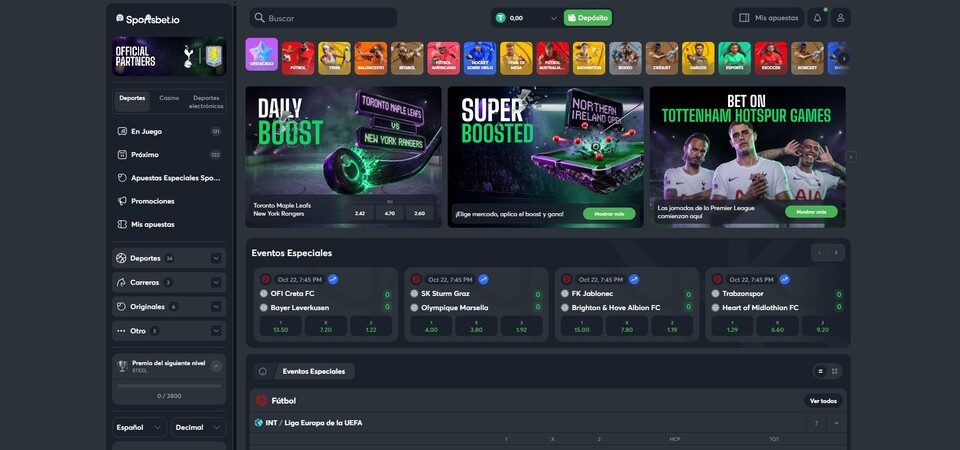 Captura de pantalla de la sección de deportes de Sportsbet