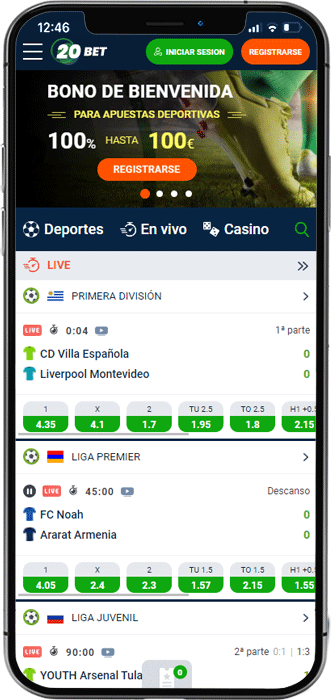 20Bet app kezdőképernyő