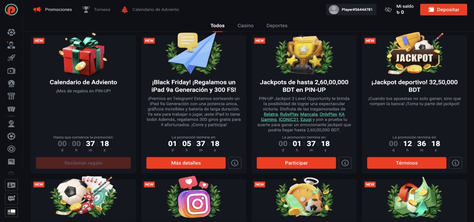 Captura de pantalla de la página de promociones de Pinup
