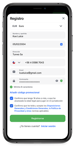 Captura de pantalla móvil del registro en 1win en Chile