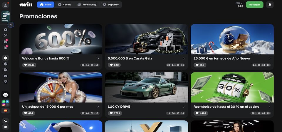 Captura de pantalla de las promociones de 1win en Perú