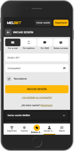 Captura de pantalla de las opciones de inicio de sesión en Melbet