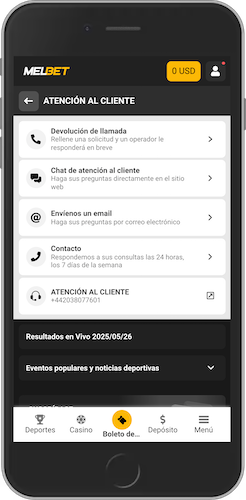 Captura de pantalla de opciones de soporte de Melbet