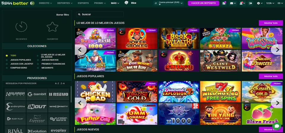 Captura de pantalla de la página del casino SpinBetter