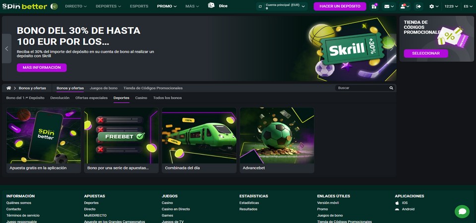 Captura de pantalla de la página de bonificaciones de SpinBetter