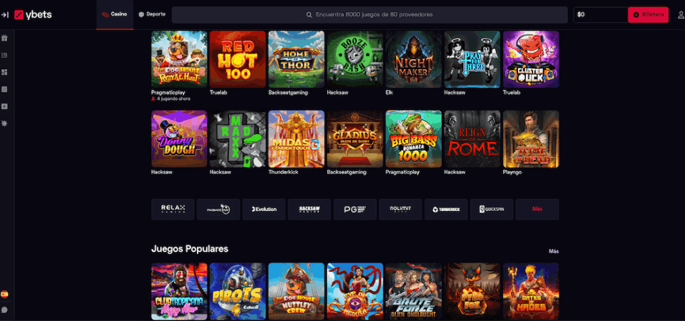 Captura de pantalla de la página del casino Ybets