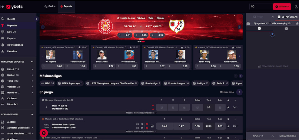 Captura de pantalla de la página de deportes de Ybets