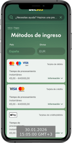 Captura de pantalla móvil de las opciones de depósito de Bet365