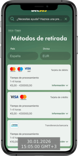 Captura de pantalla móvil de las opciones de retiro de Bet365