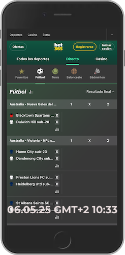 Captura de pantalla móvil  de la página de deportes en directo de Bet365