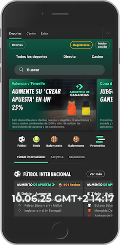 Captura de pantalla móvil de la página principal de deportes de Bet365