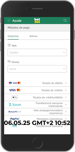Captura de pantalla móvil de las opciones de depósito de Bet365